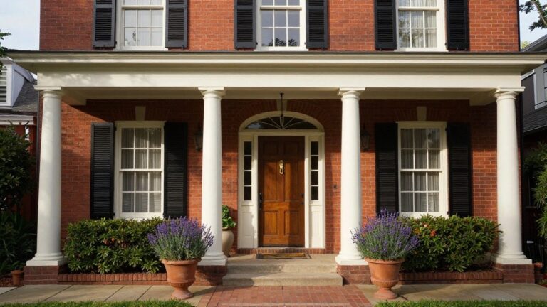 Red brick colonial house exterior featuring white columns supporting a portico over a dark arched front door, with black shutters on multi-pane windows, lanterns flanking the entry, lavender plants in terracotta pots, and a brick pathway.