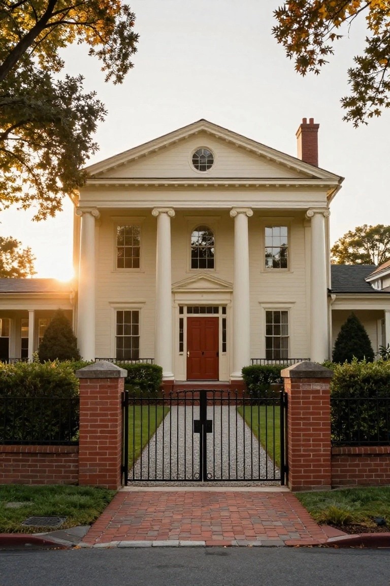 White two-story colonial house with tall fluted columns supporting a pediment over a centered red door, black wrought-iron gate with brick posts, evergreen shrubs, and brick pathway in front.