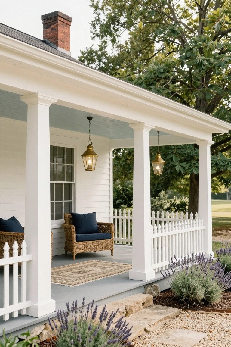 White clapboard colonial house with tall white columns supporting a blue-ceilinged porch, brass hanging lanterns, two wicker chairs with navy cushions, white picket fence railing, and lavender plants beside stone steps.