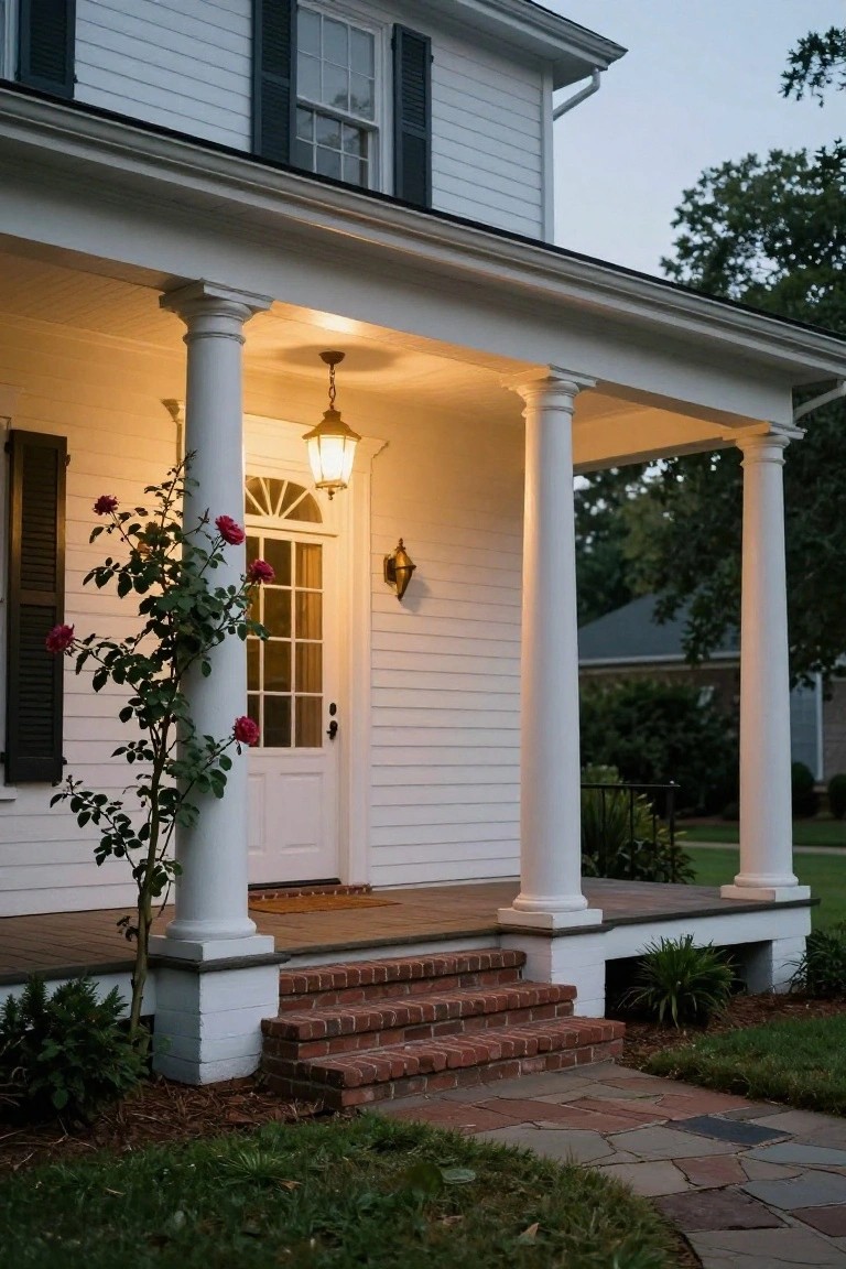White colonial house exterior with tall white columns supporting the covered front porch, a white door with glass panels, hanging and wall lanterns, climbing red roses on one column, brick steps, and lawn at dusk.