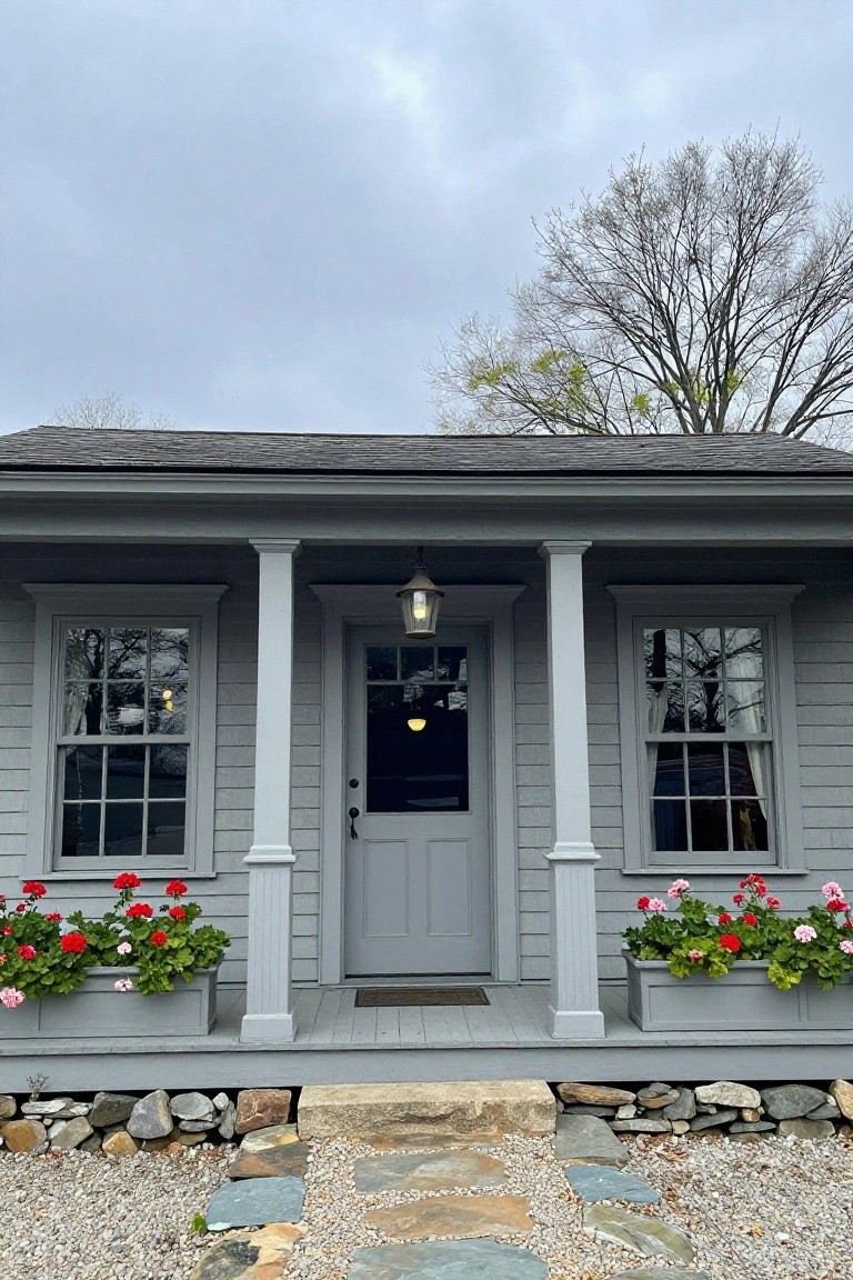 Gray shingle-sided house with a covered porch supported by two white columns flanking a gray front door, red geraniums in gray window boxes on the porch, and a stone path leading through gravel to the steps under an overcast sky.