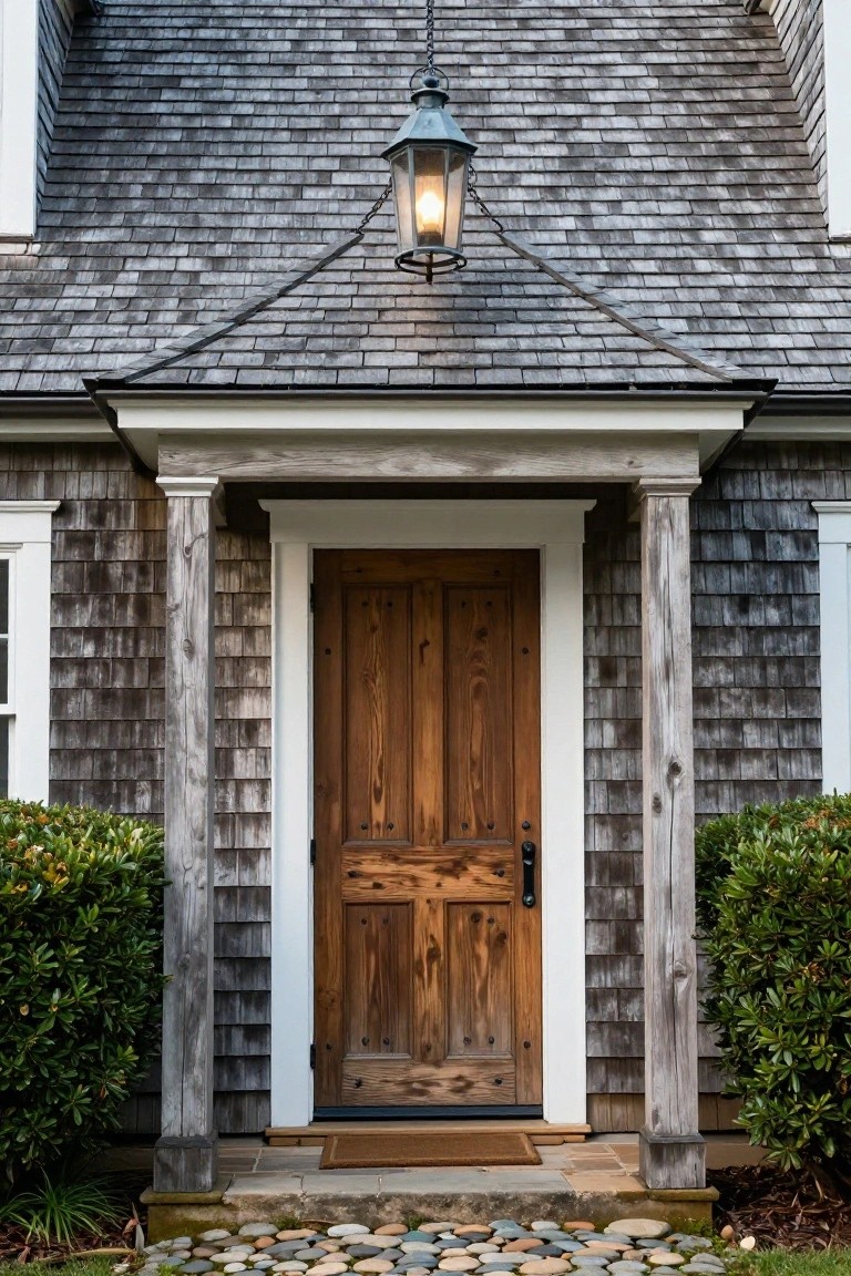 Front exterior of a shingle house with a small gabled porch supported by two columns, dark wooden paneled door, hanging lantern, white trim, shrubs on sides, and pebble path leading up.