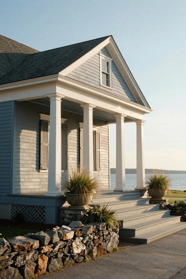 Gray shingled colonial house corner with white columns supporting a porch, flanked by shuttered windows, wide concrete steps with potted grasses and a low stone wall at the base, overlooking a body of water.