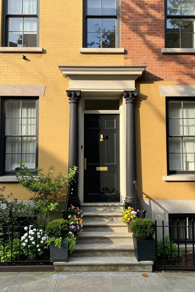 Yellow brick townhouse facade with black front door framed by two fluted columns, stone steps with potted plants and flowers, black iron fence, and adjacent red brick building.