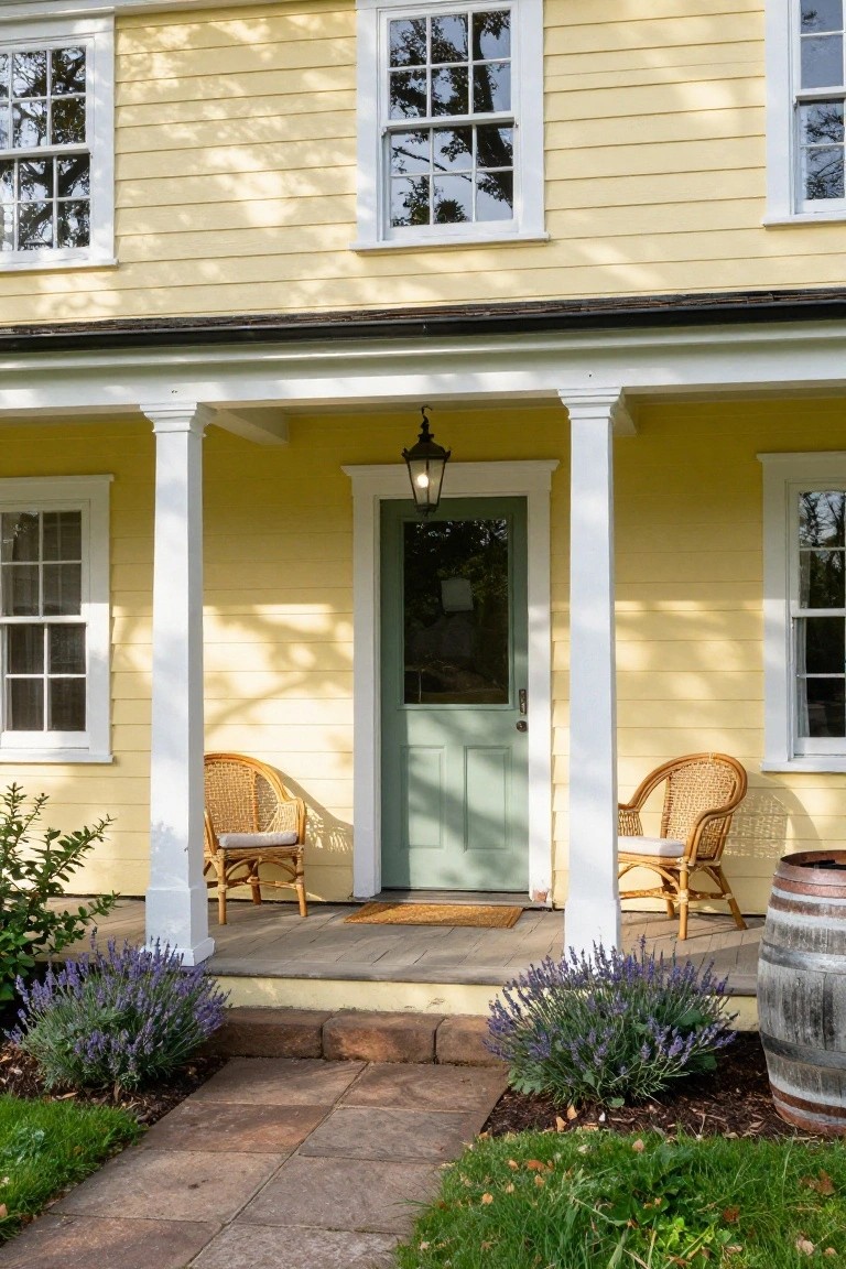 Pale yellow clapboard colonial house with white porch columns, sage green front door, two wicker chairs on the porch, lantern light, lavender plants, and a stone pathway in the front yard.