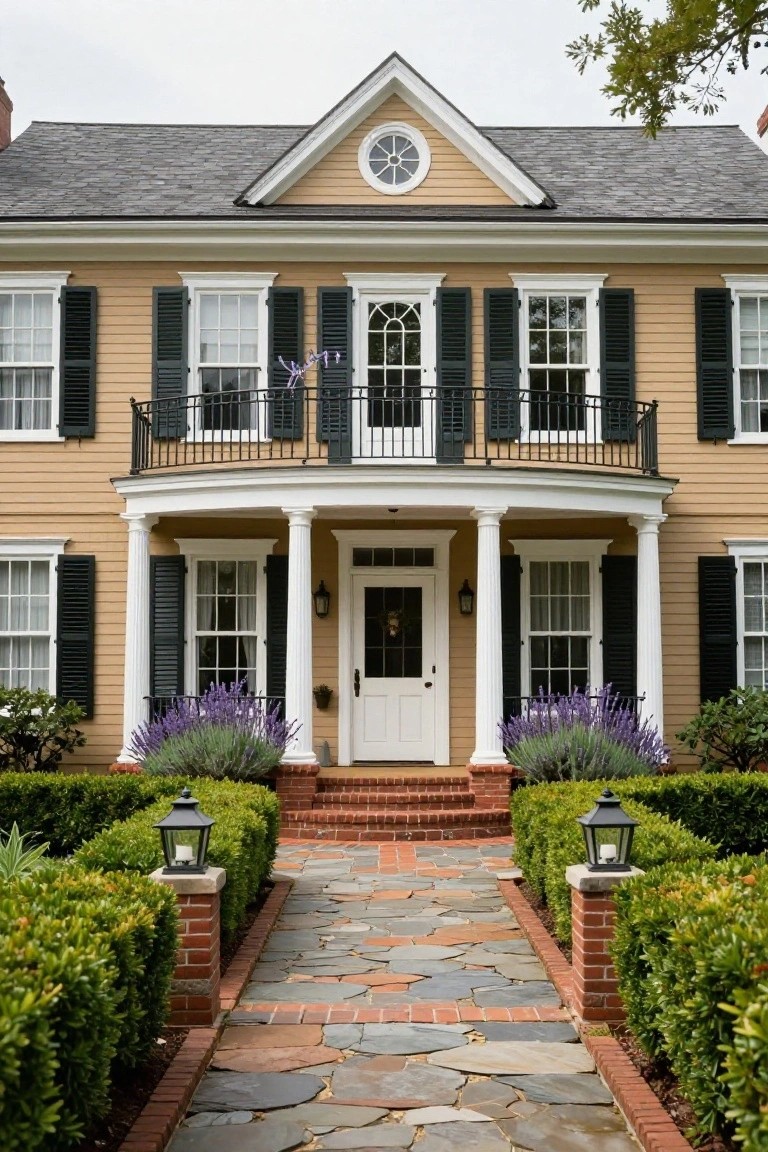 Two-story beige colonial-style house with black shutters, white porch columns and trim, purple lavender plants flanking brick steps, lanterns on brick pillars, and a stone pathway leading to the white front door.