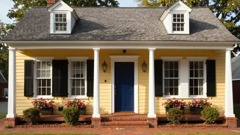 Two-story yellow colonial house with black shutters on multi-pane windows, white porch supported by columns, navy front door, flower boxes with pink flowers, brick foundation and steps, and low boxwood shrubs.