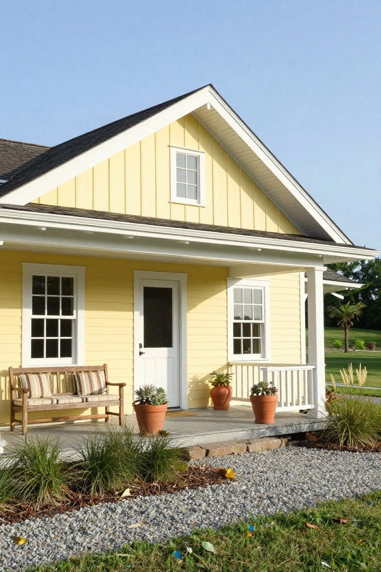 A single-story yellow clapboard house with gabled roof, white trim on windows and door, covered front porch with wooden bench and potted plants, gravel path edged with grasses, and lawn in background.