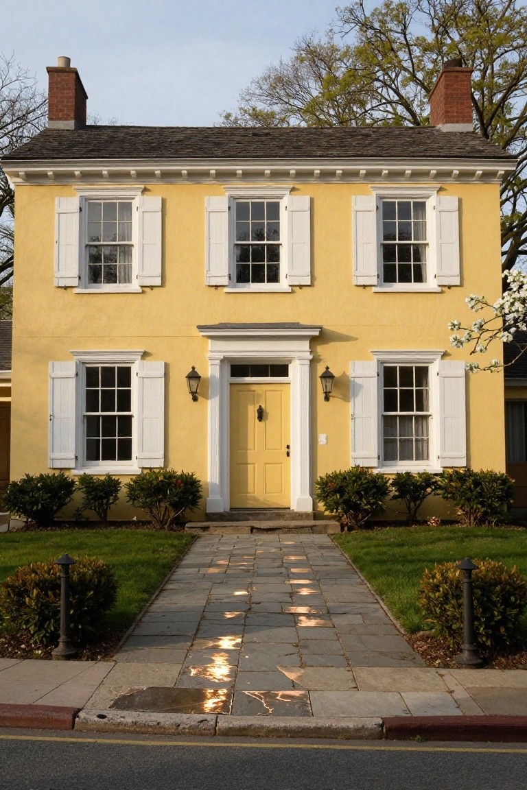 A two-story yellow colonial house with white trim, green shutters on multi-pane windows, yellow front door, boxwood shrubs, and a flagstone walkway on a lawn beside a street.