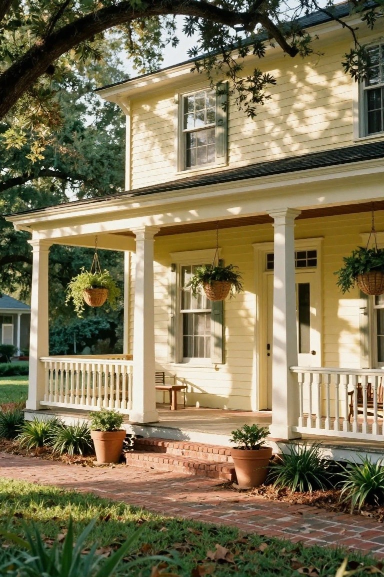 A two-story yellow clapboard colonial house with white trim, a covered front porch supported by columns, hanging basket plants, potted plants near brick steps, and surrounding lawn and shrubs.