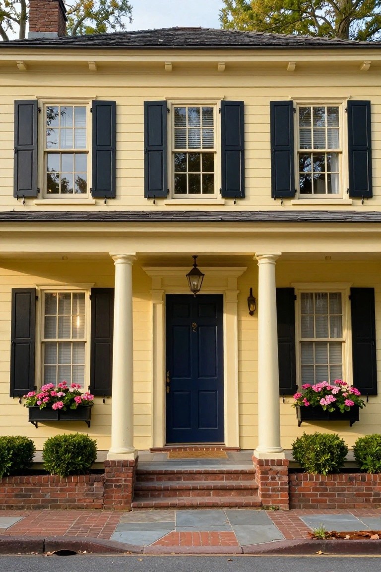 Two-story yellow colonial house with black shutters on multi-pane windows, white porch supported by columns, navy front door, flower boxes with pink flowers, brick foundation and steps, and low boxwood shrubs.