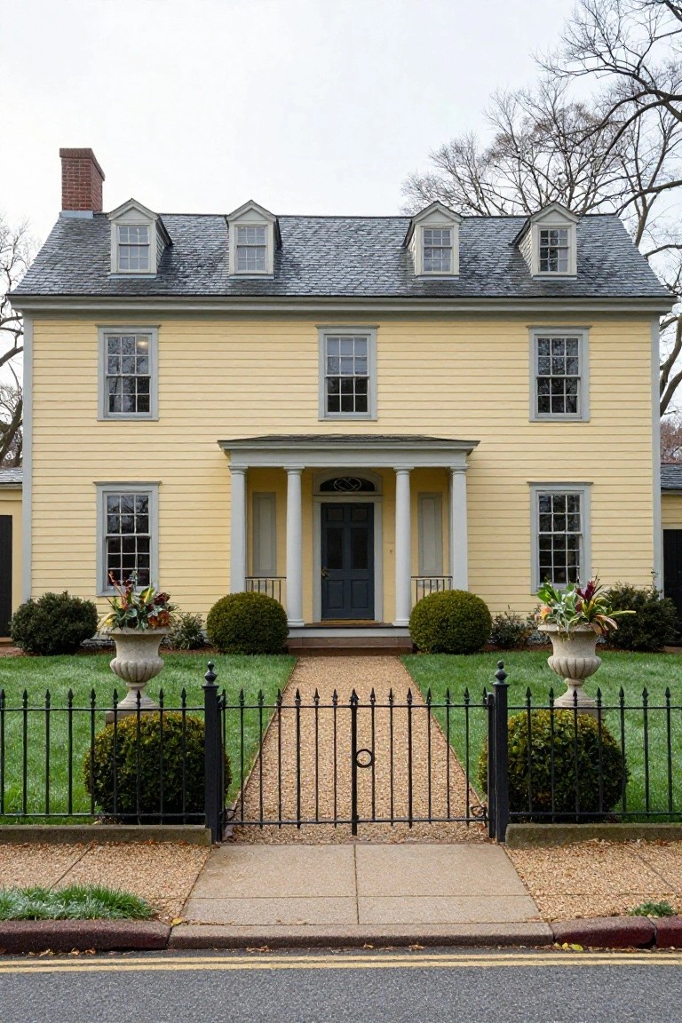 A two-story pale yellow clapboard colonial house with gray slate roof, dormer windows, white trim, columned portico with dark blue front door, flower-filled urns, boxwood shrubs, black iron fence gate on gravel path, manicured lawn, and street curb in foreground.