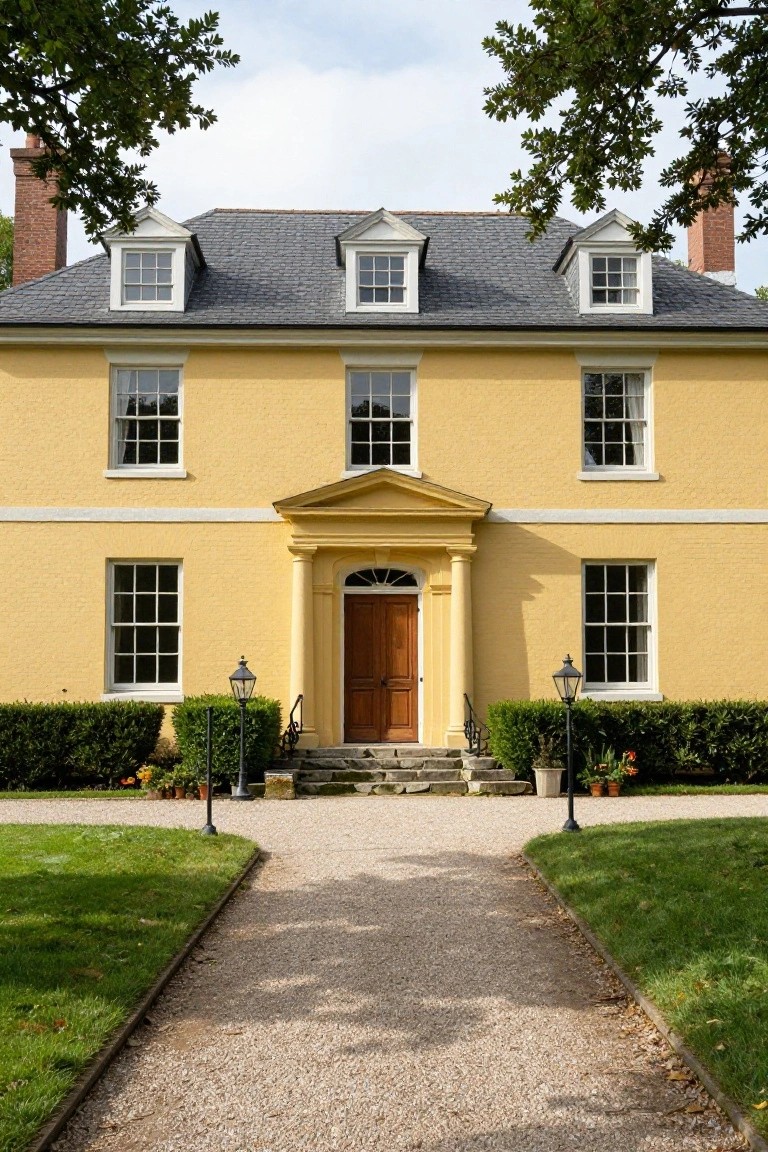 Two-story yellow colonial house with white trim, dormer windows, slate roof, brick chimneys, pedimented entry porch with wooden door, flanked by black lanterns and boxwood hedges, gravel path between green lawns.