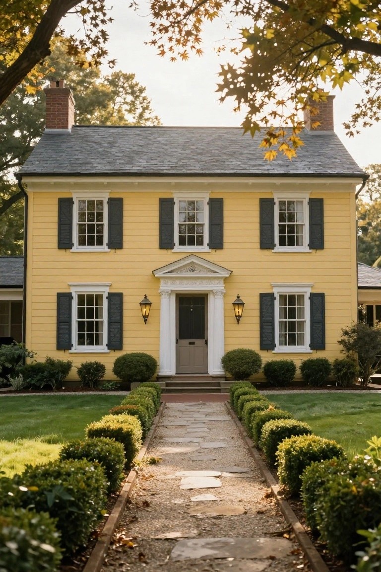 Two-story yellow clapboard colonial house with black shutters, white pediment entry, flanked by boxwood shrubs and a stone pathway leading to the front door, trees overhead.