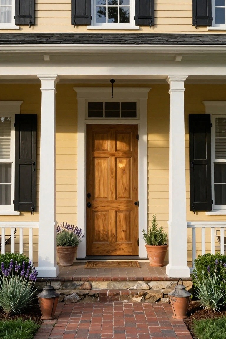 A yellow colonial house exterior with black shutters, white porch columns, wooden paneled front door, potted plants, and brick steps leading to the entry.