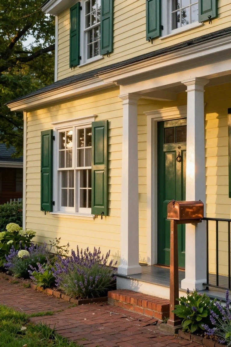 A two-story yellow clapboard colonial house with green shutters on the windows, a green front door, white porch columns supporting a roof overhang, a copper mailbox on a post, and landscaping including lavender and hydrangeas along a brick pathway.