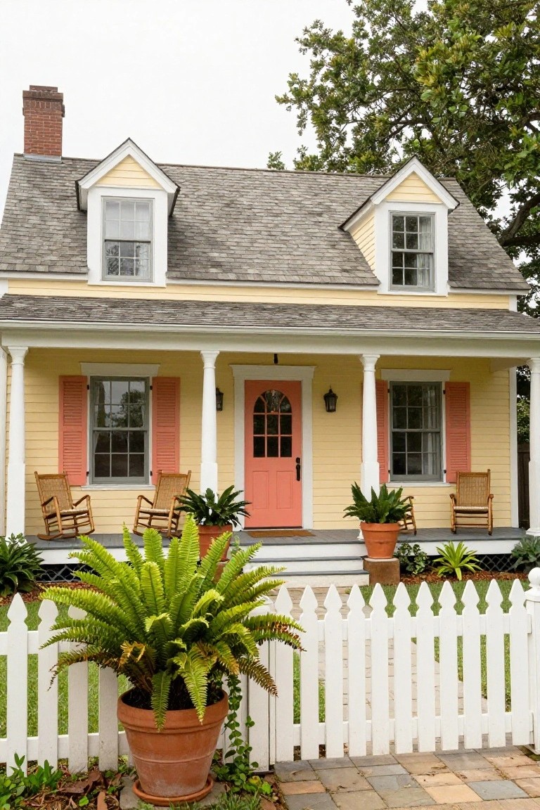 A two-story pale yellow clapboard colonial house with pink shutters on the windows, a pink arched front door, white porch columns and railing, two wicker rocking chairs, potted ferns on the porch, a large potted fern by the white picket fence, and oak trees in the background.