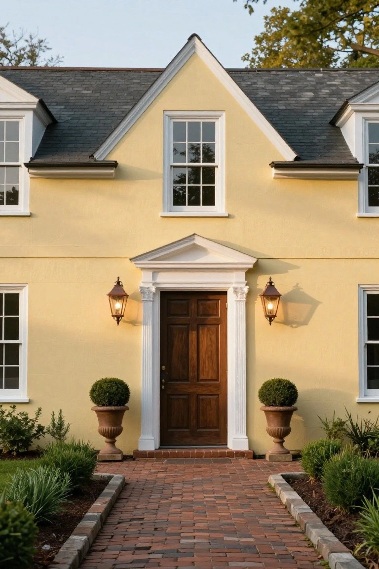 A two-story pale yellow colonial house with dark gray slate roof, white trim around multi-pane windows, central dark wood door under white pediment flanked by lanterns and potted topiary shrubs, brick walkway edged by low plantings.