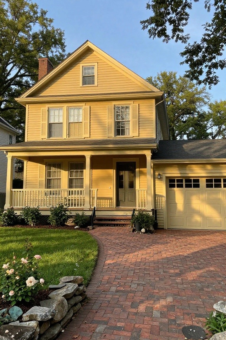 Two-story yellow colonial house with white trim, dark shutters, covered front porch, attached garage, brick driveway, stone garden wall, and landscaping including roses and shrubs.