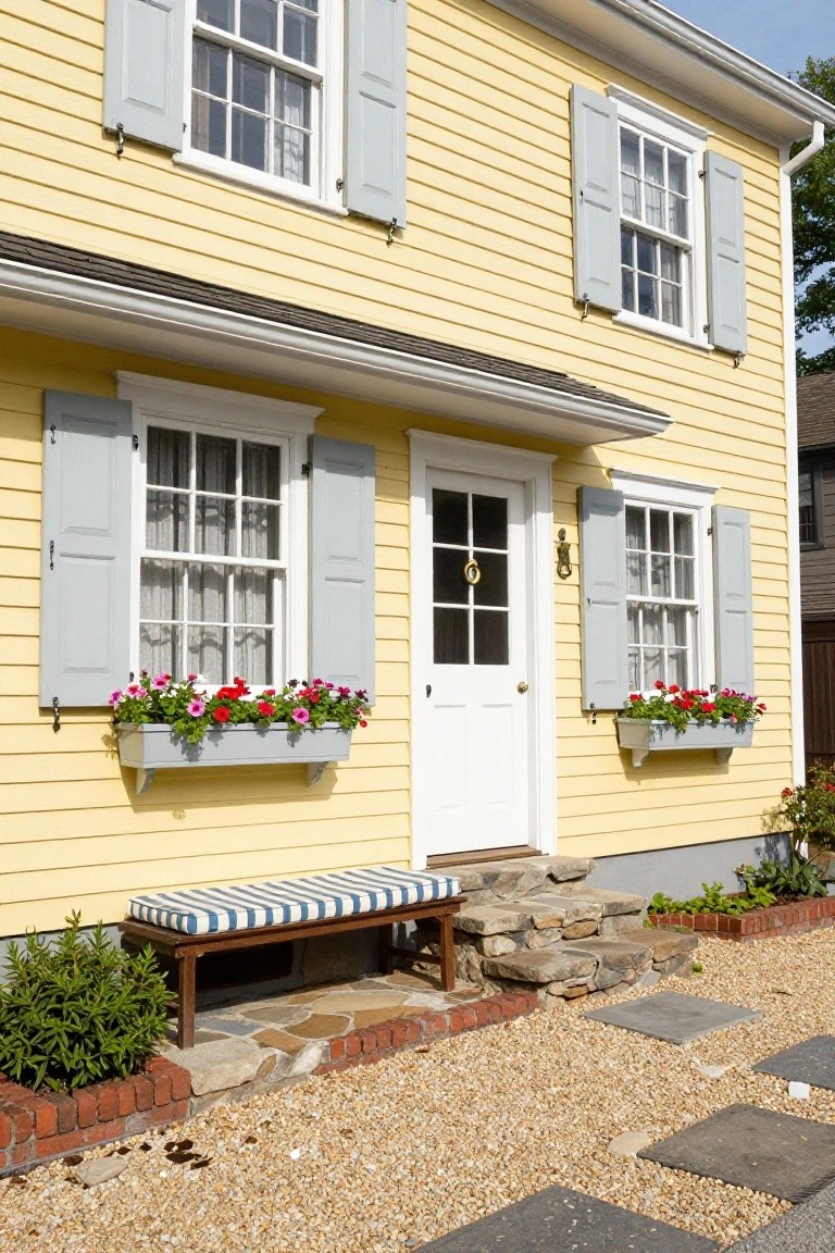 A yellow two-story colonial house exterior with blue shutters, white window boxes filled with pink and red flowers, glass-paneled white front door, blue-striped bench on stone steps, brick edging, and gravel ground cover.