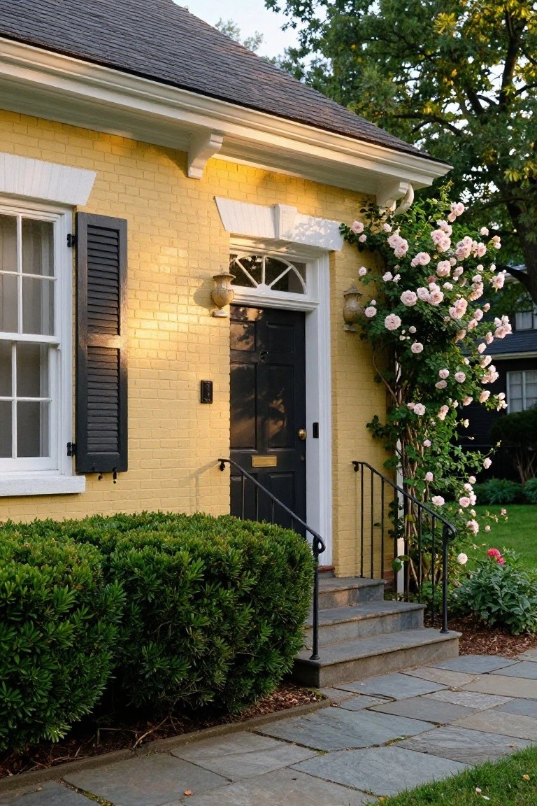 Yellow brick colonial house exterior with black front door, white trim and fanlight window above, climbing pink roses on the right side, boxwood shrubs on the left, iron railing on stone steps, and lanterns flanking the door.