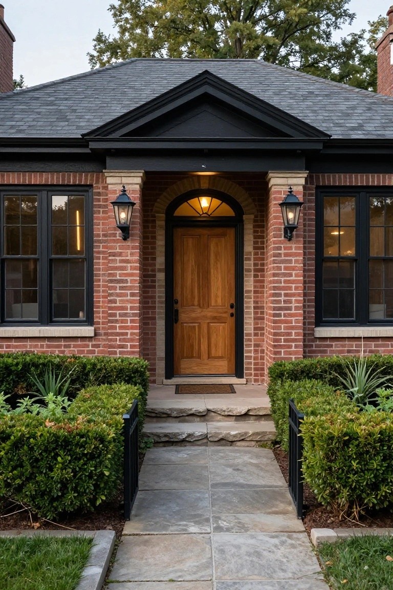 Front exterior of a brick house with black trim on windows and a pedimented portico over a wooden double door, flanked by lanterns, boxwood hedges, and a stone walkway.