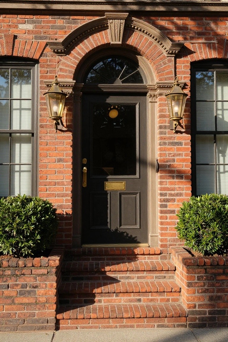 Red brick house exterior with centered dark wood arched entry door under a fanlight transom, flanked by brass lanterns on brick walls, brick steps, and boxwood shrubs in brick planters.