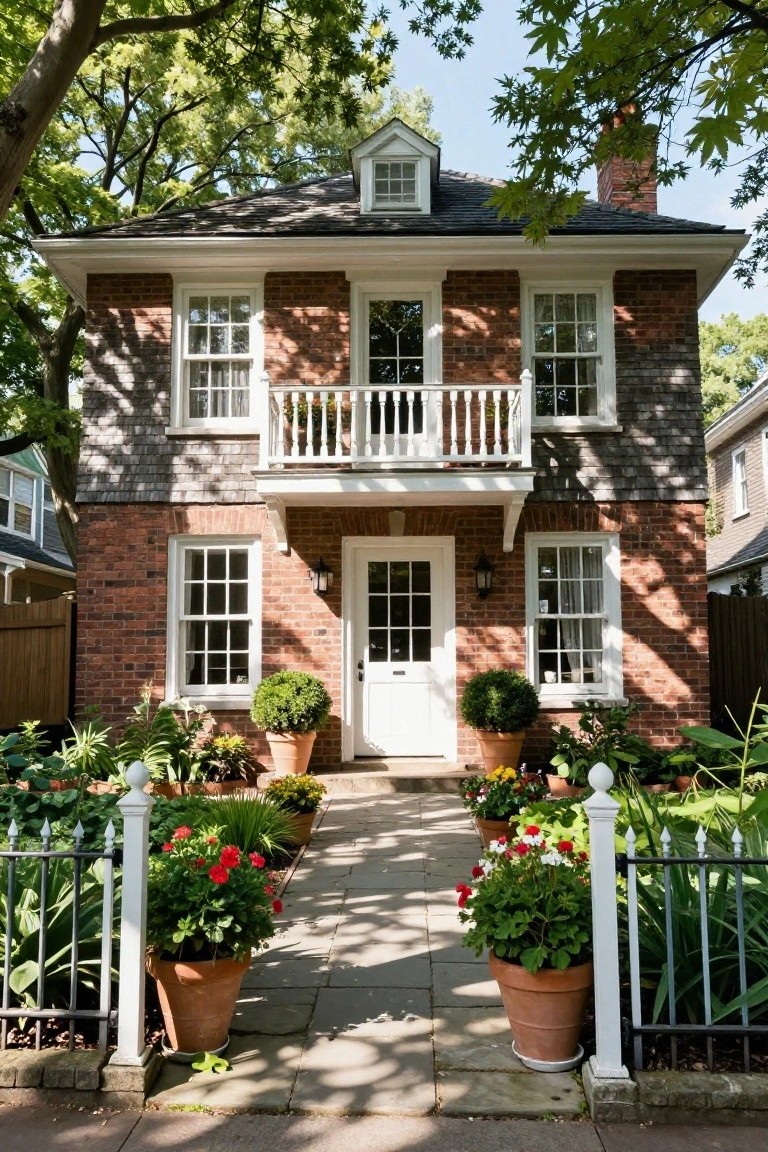 Two-story red brick house with gray shingled gables and upper walls, white trim and multi-pane windows, small second-floor balcony, centered white front door with lanterns, stone walkway lined with terracotta pots of red flowers and greenery, iron fence, and mature trees.
