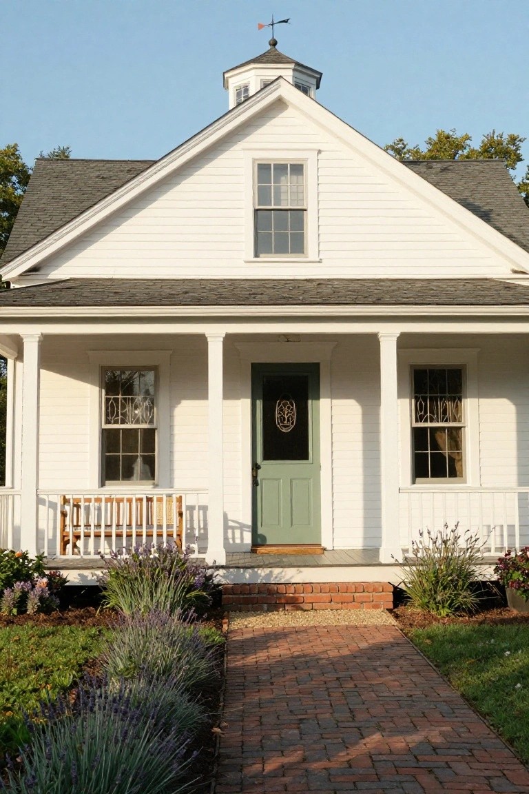 White clapboard Colonial Revival house with gabled shingle roof, cupola topped by weather vane, full-width front porch with columns and bench, sage green door, symmetrical windows, and lavender plants bordering a brick walkway.