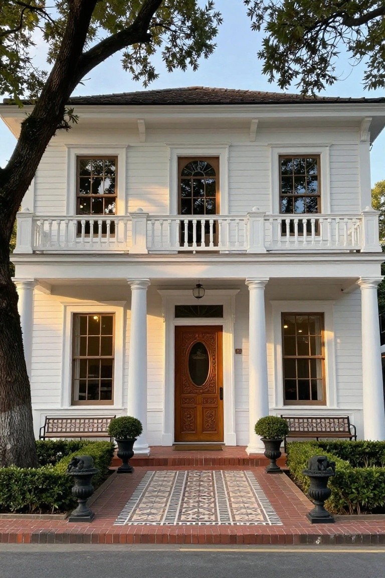 White two-story Colonial Revival house exterior featuring a columned front porch, symmetrical windows, carved wooden entry door with oval glass, brick steps with tile mosaic, potted plants, benches, and low shrubs under a large tree.