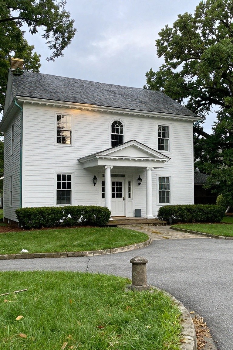 White two-story Colonial Revival house with columned front porch, multi-pane windows, slate roof, flanked by boxwood shrubs, and curved driveway on a grassy lot.