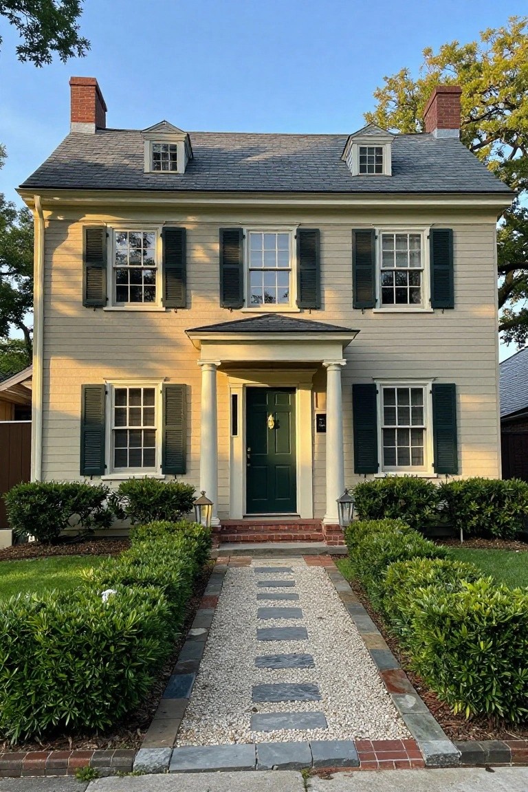 Two-story beige clapboard house with gabled slate roof, dormer window, multi-pane windows with green shutters, portico supported by columns framing a green front door, boxwood hedges, and gravel walkway.