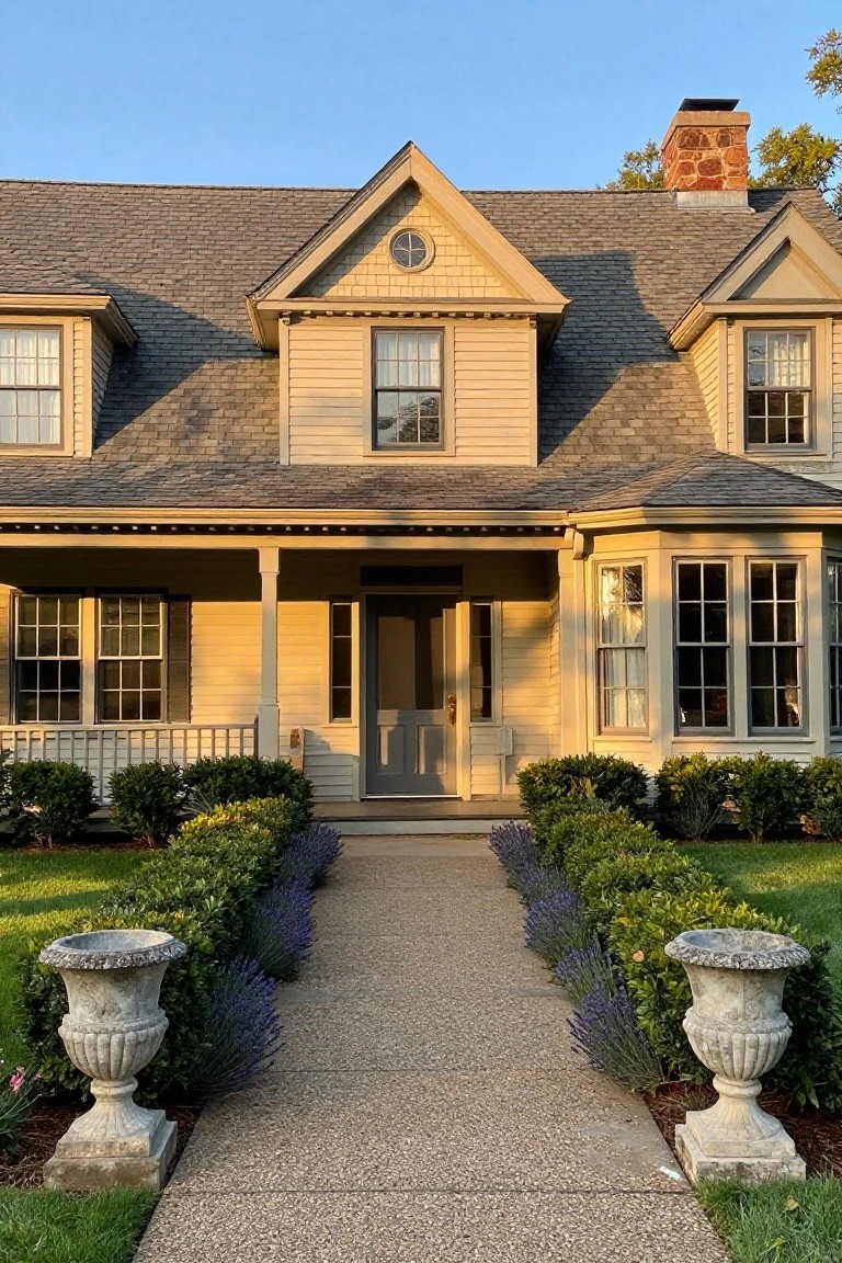 Beige Colonial Revival house exterior with gabled shingle roof, covered front porch supported by white columns, multi-pane windows, dark gray front door, and concrete walkway lined by lavender plants, boxwood shrubs, and stone urns.