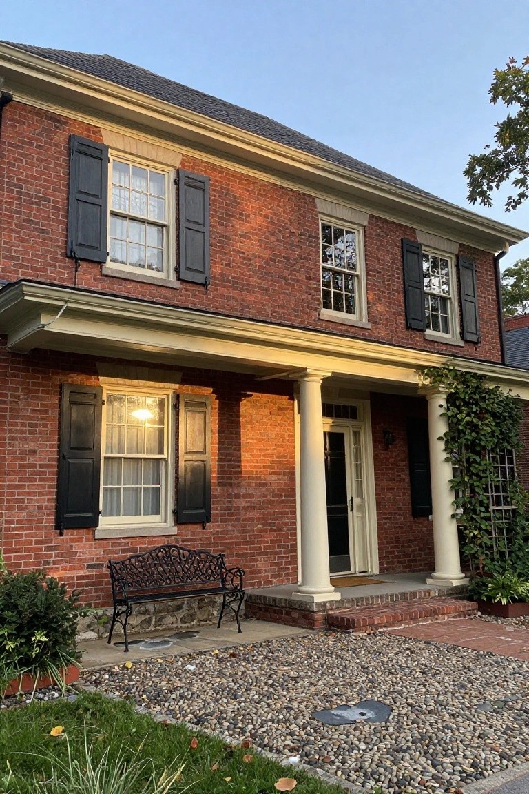 Two-story red brick house with black shutters and white window trim, featuring a covered front porch supported by white columns, a black metal bench nearby, gravel ground cover, and low plants around the base.