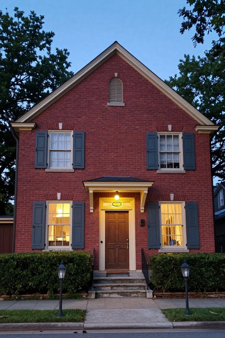 Red brick Colonial Revival house facade at dusk with symmetrical shuttered windows, centered wooden front door under a small porch with hanging lanterns, flanked by boxwood hedges and pedestal lamps on a sidewalk.
