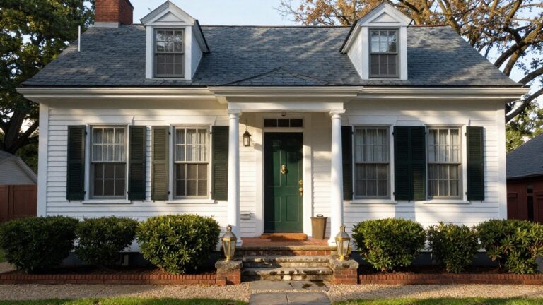 Two-story beige clapboard house with gabled slate roof, dormer window, multi-pane windows with green shutters, portico supported by columns framing a green front door, boxwood hedges, and gravel walkway.