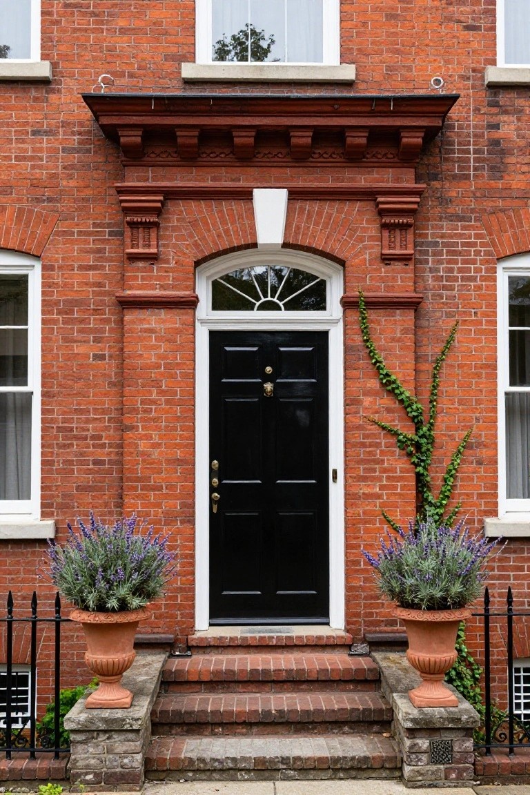Red brick house exterior with arched transom window over black front door flanked by two large terra cotta pots filled with lavender plants, ivy climbing right wall, and brick steps with iron railing.