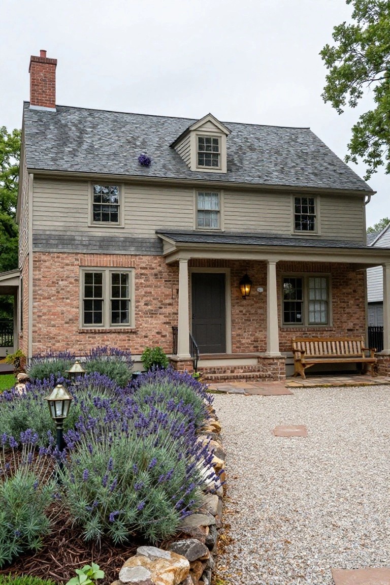 Two-story Colonial Revival house exterior with gray clapboard siding, brick foundation and accents on the left side, slate shingle roof, central front porch with columns and wooden bench, flanked by lavender plantings and gravel driveway.
