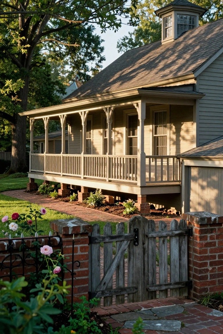 Beige clapboard house with wide elevated wooden porch on brick piers, wooden balustrade, picket fence gate, brick path, and surrounding landscaping under trees.