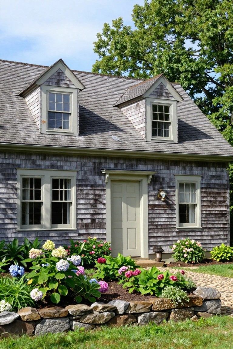 Gray shingled Colonial Revival house with gabled roof, dormer windows, green front door, and hydrangea plantings along a stone wall bed.