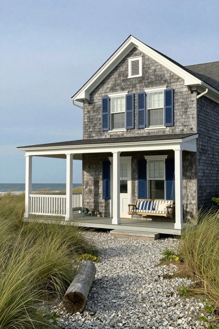 Gray shingled two-story house with white porch, blue shutters, wooden porch swing, beach grass, gravel path, and ocean in the background.