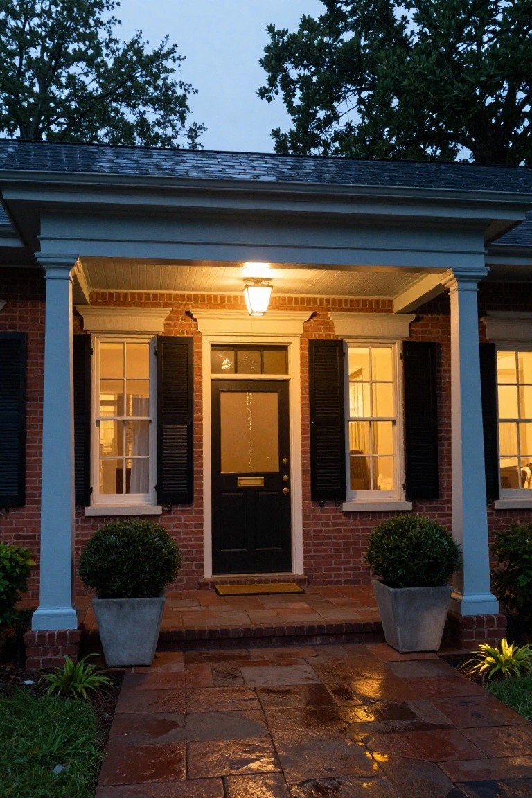 Brick Colonial Revival house facade at dusk with a covered front porch, white columns, black shutters on windows, dark wood door, potted shrubs, and wet stone walkway.