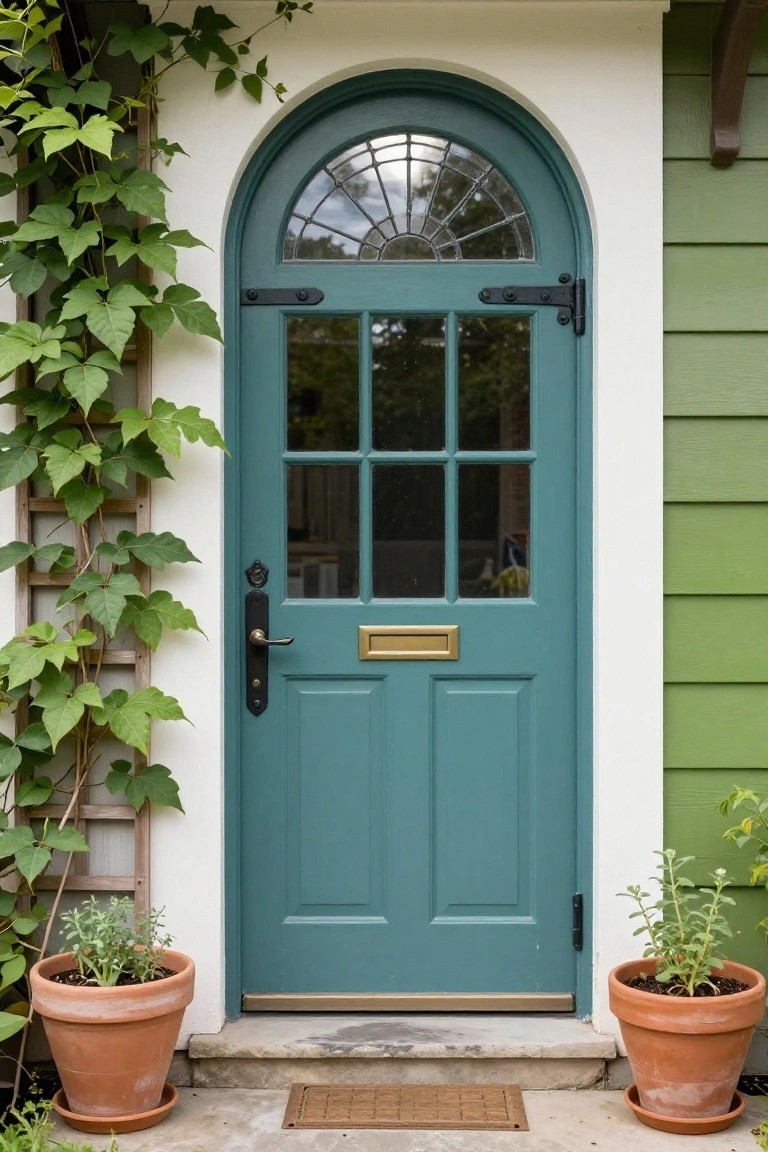 Teal arched front door with fanlight glass and eight-pane lower windows on a green shingle house, next to ivy-covered trellis and two terracotta pots with plants on stone steps.