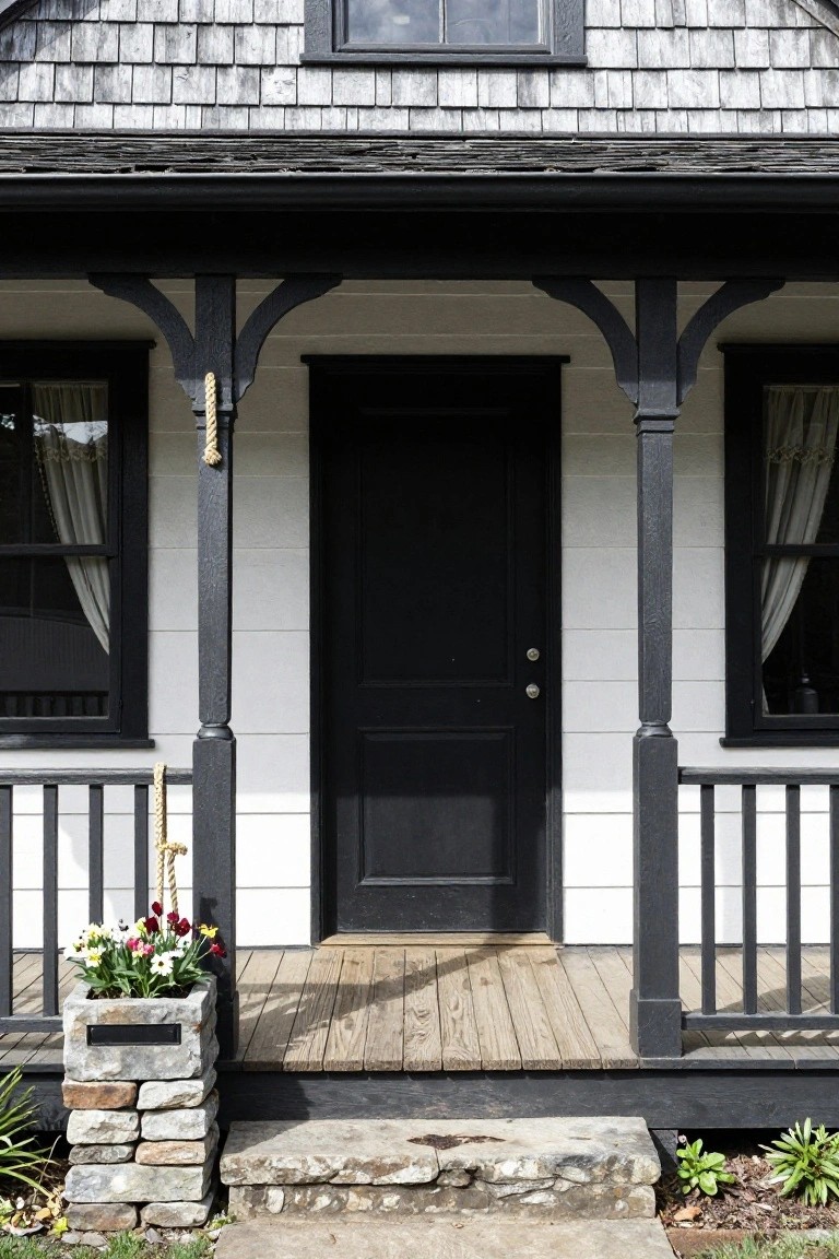 Front view of a white shingle cottage with black trim on windows and door, dark porch columns with rope accents, wooden deck, stone steps, and a potted flower arrangement.