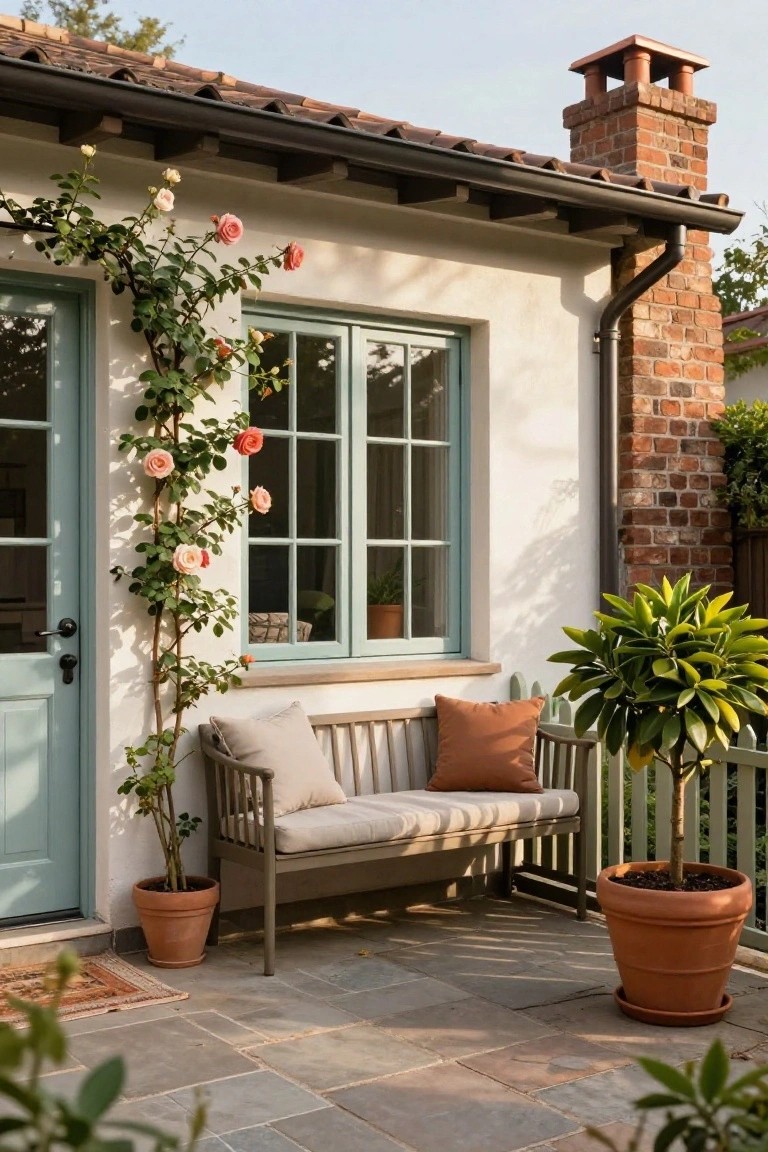 White stucco house wall with teal door and window, pink climbing roses growing up the side, wooden bench with beige and orange cushions on slate tile patio, potted plants nearby.