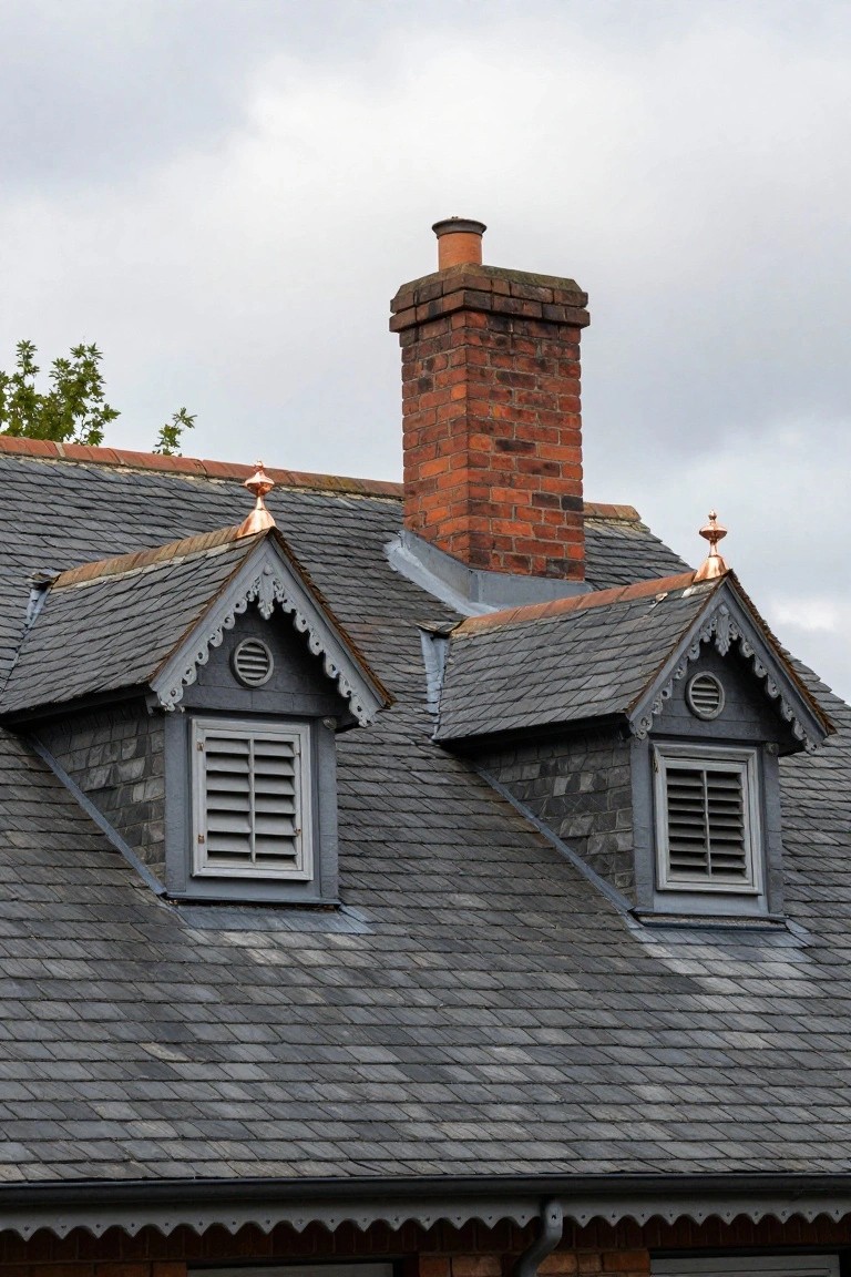 Gray slate roof on a cottage with two gabled dormers featuring white shutters and louvered vents, a brick chimney, copper finials on ridges and peaks, and overcast sky.