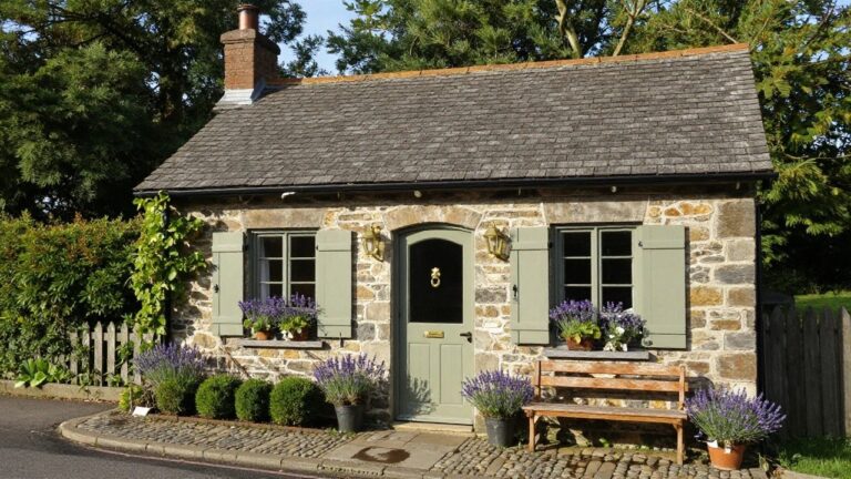 Stone cottage exterior featuring a sage green arched front door with brass knocker, matching green shutters on a window with lavender window box, wooden bench beside the entry, potted plants, and a pebble stone path.