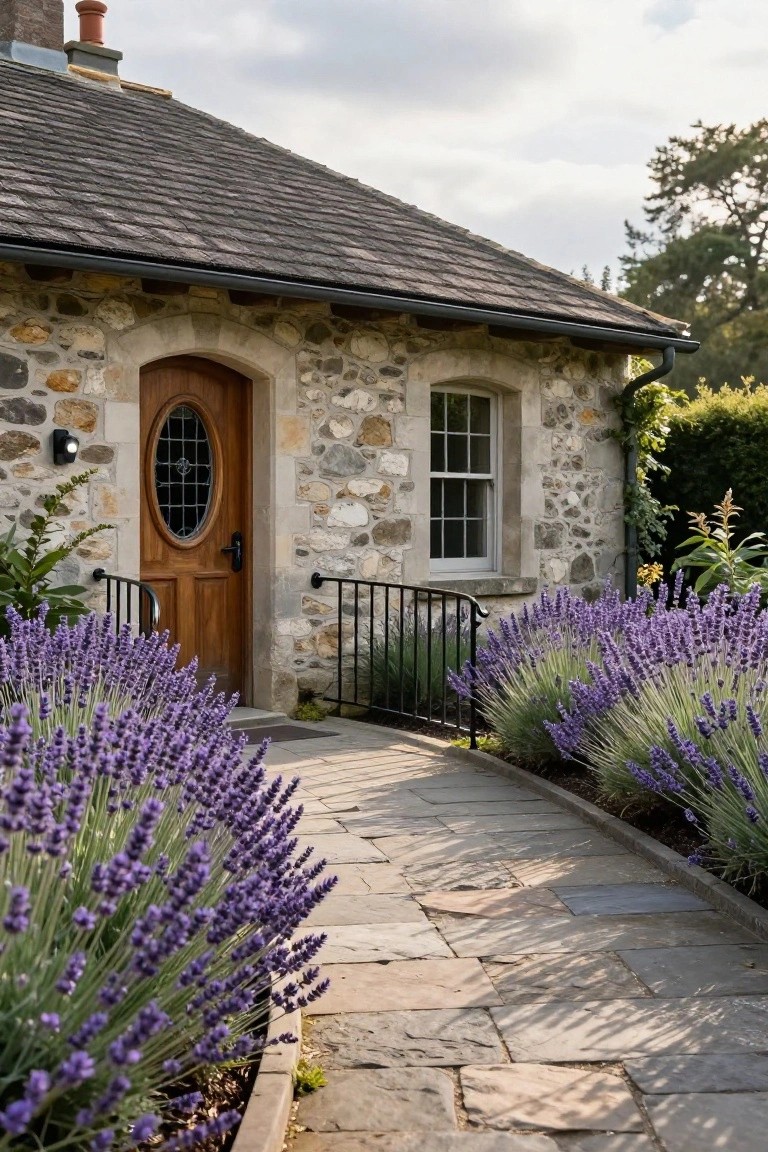 Stone cottage with fieldstone walls and wooden arched door with oval window, approached by a curving flagstone path bordered by blooming lavender bushes on both sides.