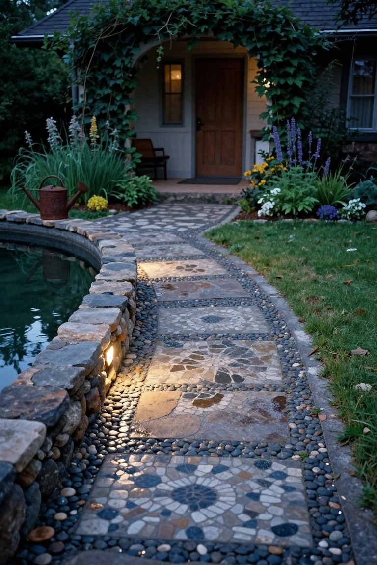 Winding stone pathway with mosaic tile sections and pebble edging beside a curved pool wall, leading to a vine-covered arched entry and wooden door on a house exterior at dusk.