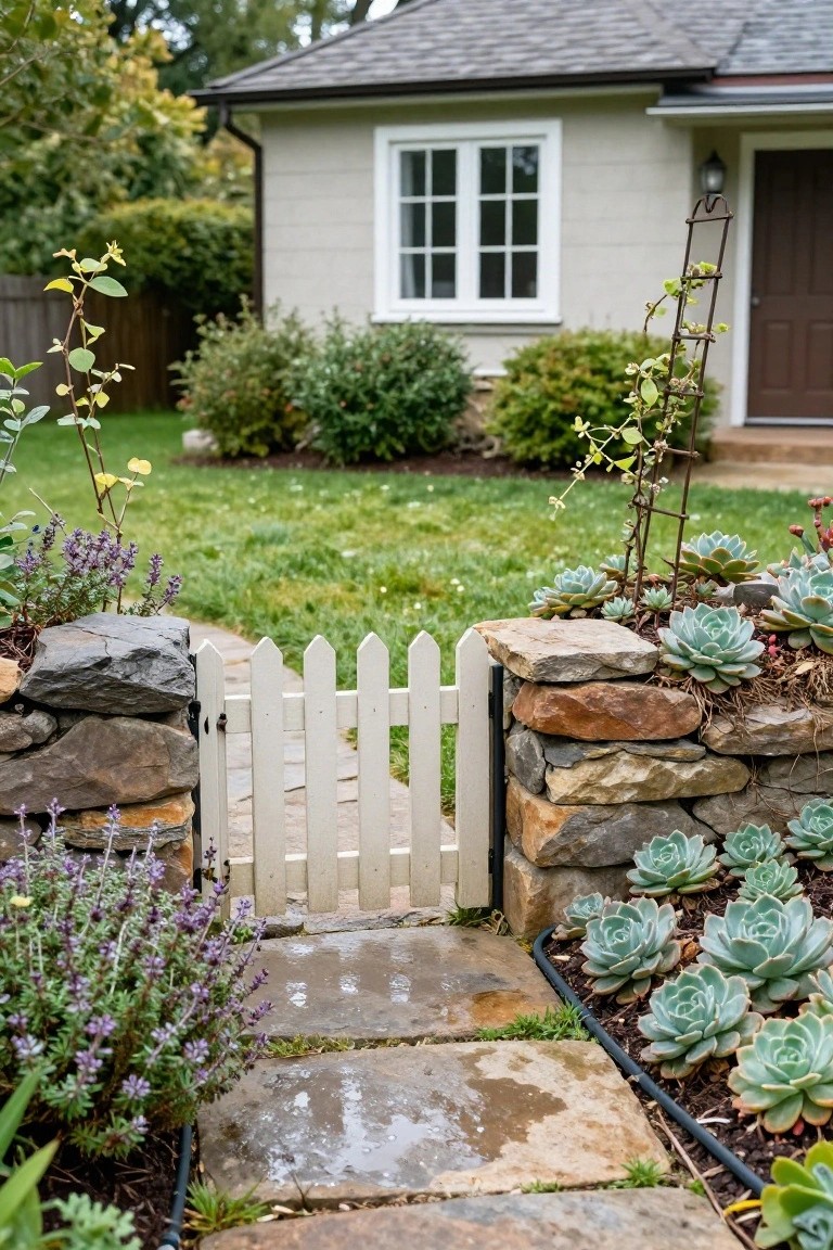 Small white picket gate embedded in a dry-stacked stone retaining wall, bordered by lavender plants and succulent beds, with a flagstone path leading across a lawn to a beige house.